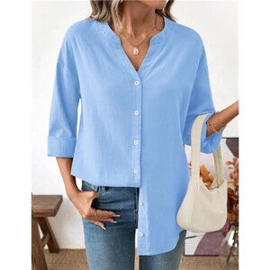 🌿 Women’s Cotton Button Down Shirt – Long Sleeve V-Neck Blouse, Casual